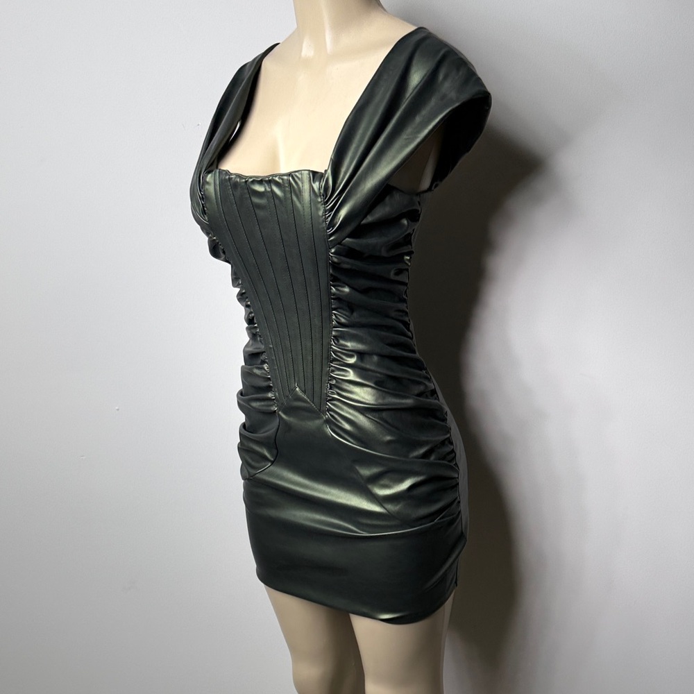 AKIRA Shimmering Dark Green Faux-Leather Ruched Mini Dress - Picture 5 of 9